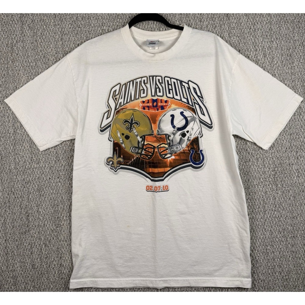 Super Bowl 2010 Saints VS Colts Shirt Adult Large White Cotton Crew Neck NFL